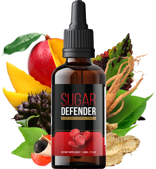 Bottle of Sugar Defender liquid drops surrounded by fresh fruit